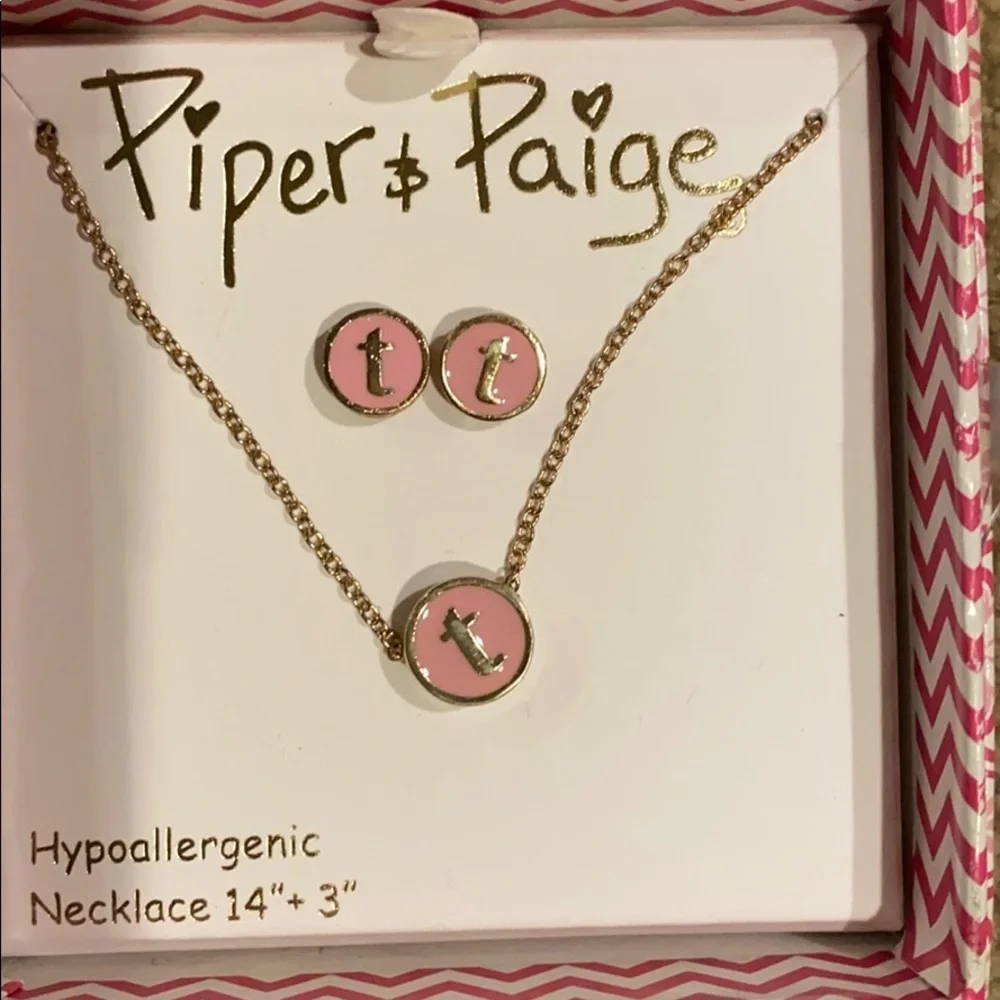 ~Piper & Paige~ “t” Initial Stud Earrings & Necklace